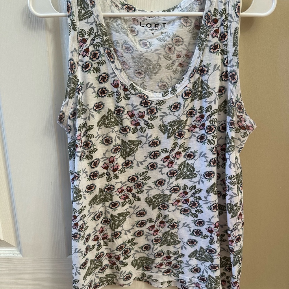 LOFT Floral Tank Top - White and Green